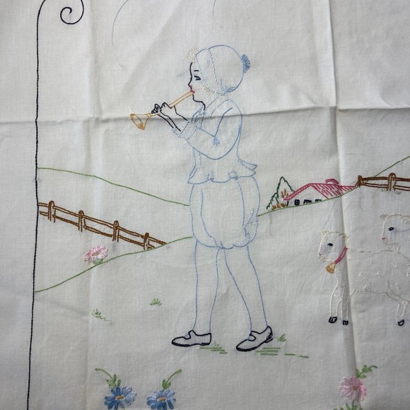 Vintage Embroidered Small Tablecloth Linen Little Boy Blue Blowing Horn Lambs - Picture 1 of 12